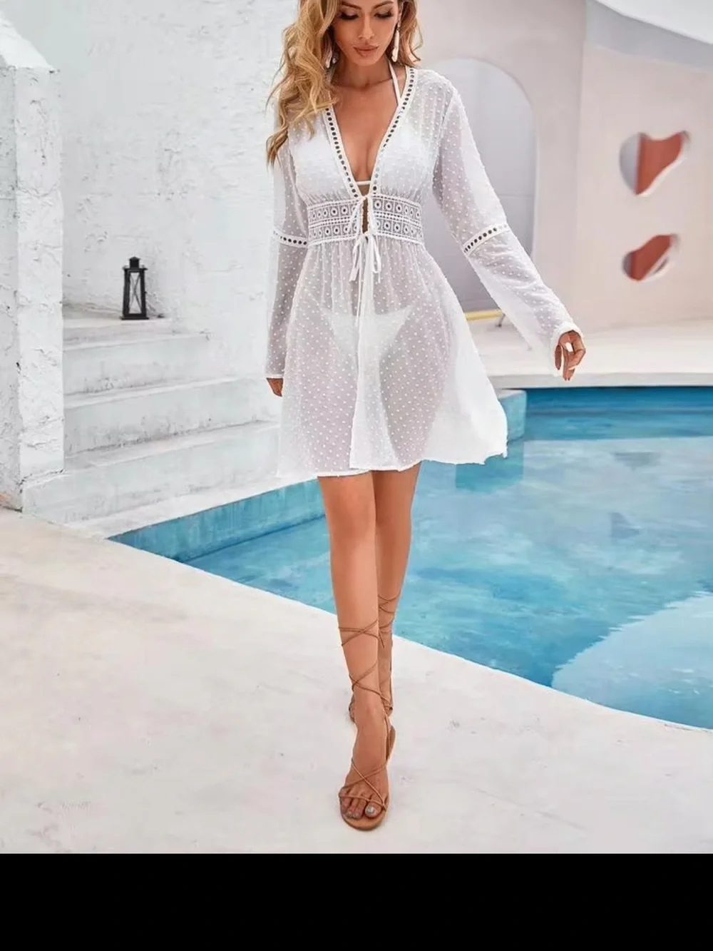 White Sheer Swiss Dot Crochet Tie-Front Swim Coverup